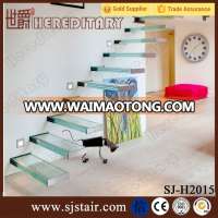 Straight Mild Steel Glass Modern Floating Staircase/Prefab Steel Glass Stair indoor